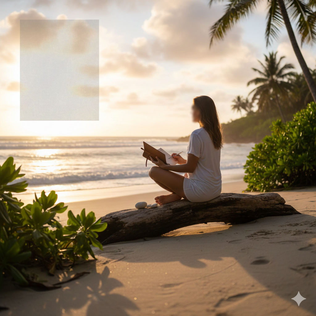 Person journaling outdoors during sunrise, sitting quietly near the beach, symbolizing reflection and healing after Ibogaine treatment